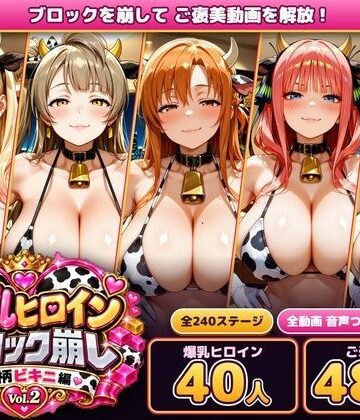 あらあら工房|爆乳ヒロインブロック崩し 牛柄ビキニ編 Vol.2 〜人気アニメ＆ゲームのヒロイン40人とヌルヌル汗だくハーレム！音声付きループ動画480本〜❤動画・アニメーション 評価レベル